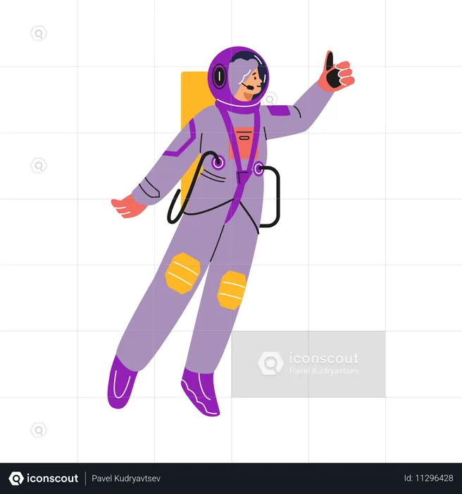 Astronauta feminina em traje espacial mostra um gesto de bem-estar  Ilustração