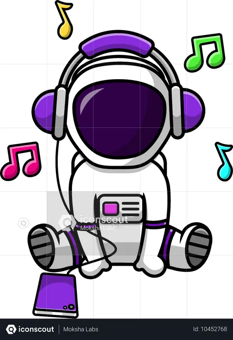 Astronauta ouvindo música com fone de ouvido e handphone  Ilustração