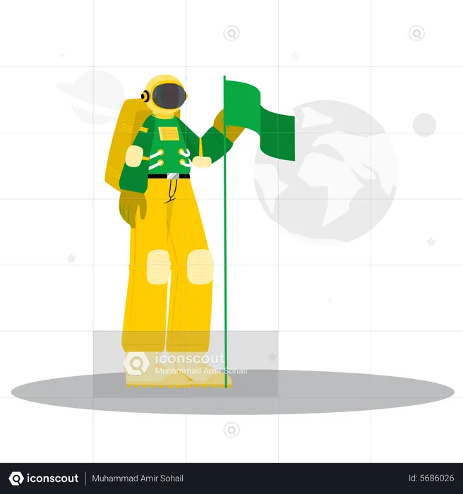 Astronauta segurando bandeira  Ilustração