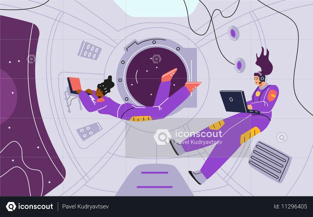 Astronautas femininas em trajes espaciais trabalhando em laptops na cabine de uma nave espacial  Ilustração