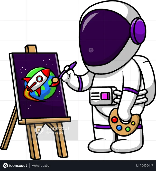 Astronaut malt Rakete und Erde  Illustration