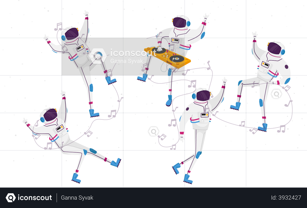 Astronauts Dancing with Dj Turntable in Open Space Illustration