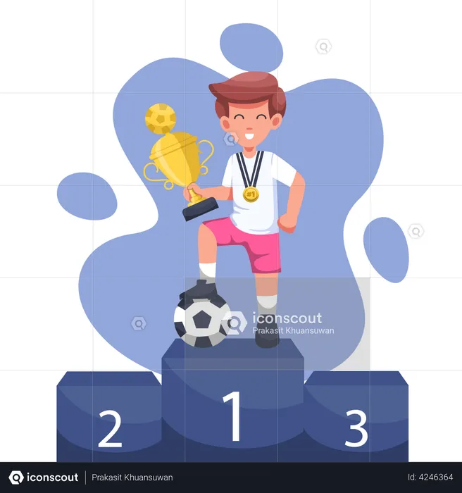 Athlete male soccer league with trophies on first position podium  Illustration