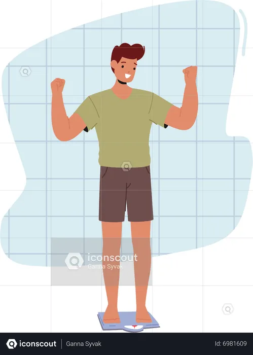 Athlete man standing on weight scale  Illustration