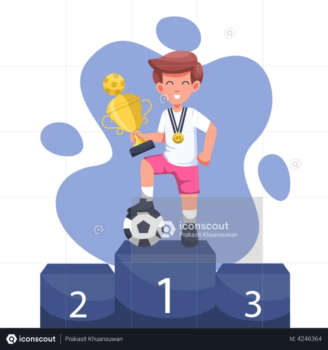 Ligue de football masculin d'athlète avec des trophées sur le podium de première position  Illustration