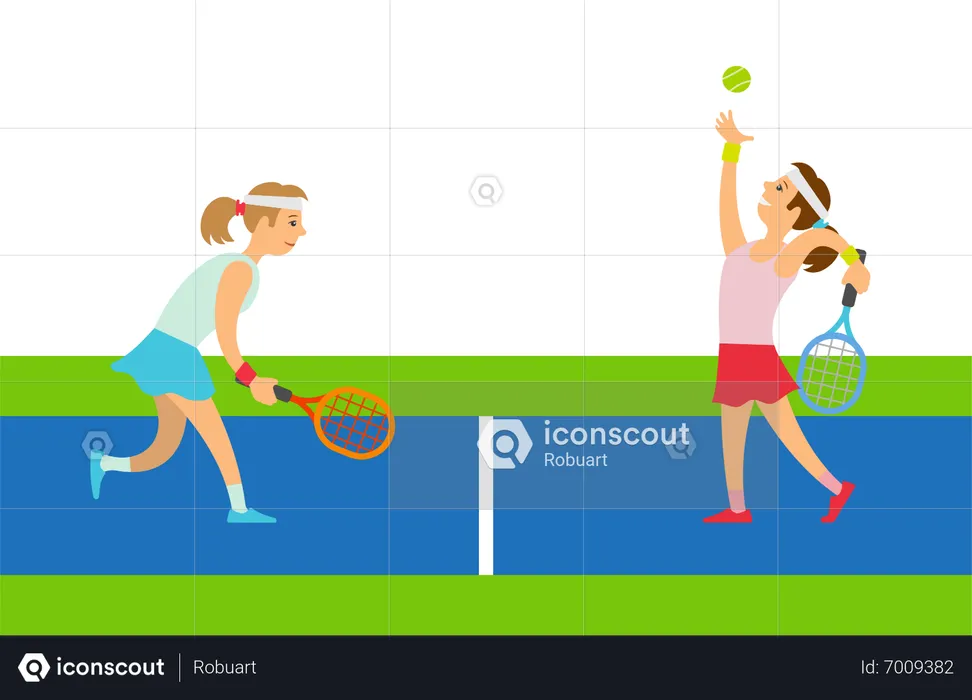 Athletes playing tennis in tennis court  Illustration