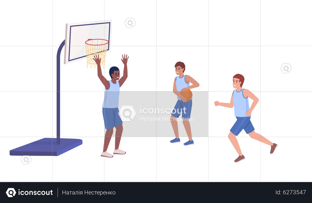 Athletic boys playing basketball in team  Illustration