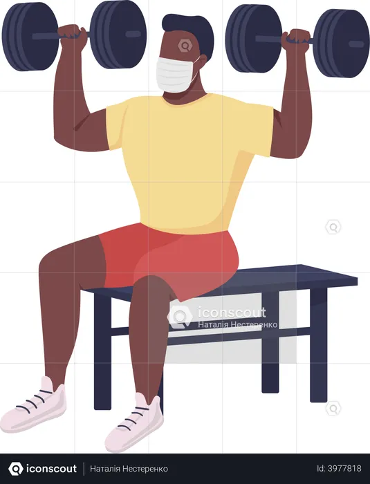 Athletic man lifting dumbbells during covid  Illustration