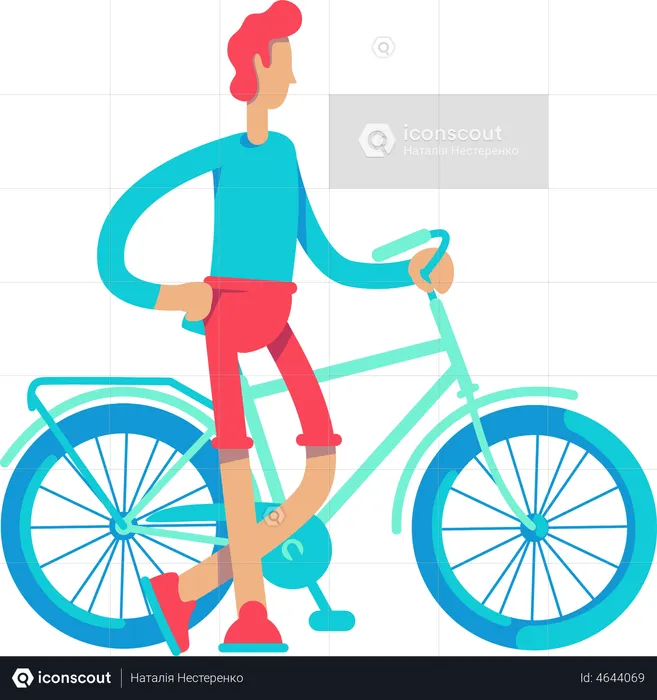 Athletic man standing near bicycle  Illustration