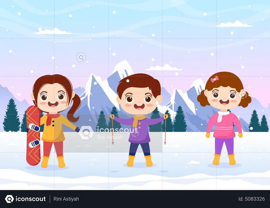 Crianças desfrutando de atividade de patinação no gelo  Ilustração