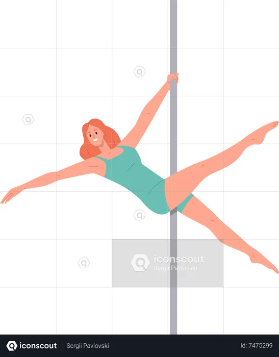 Attractive fitness woman pole dancer character in sportswear hanging on pylon  Illustration