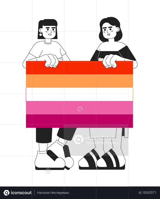 Attractive women hold lesbian pride flag  Illustration