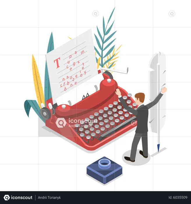 Author writing story using an old style typewriter  Illustration