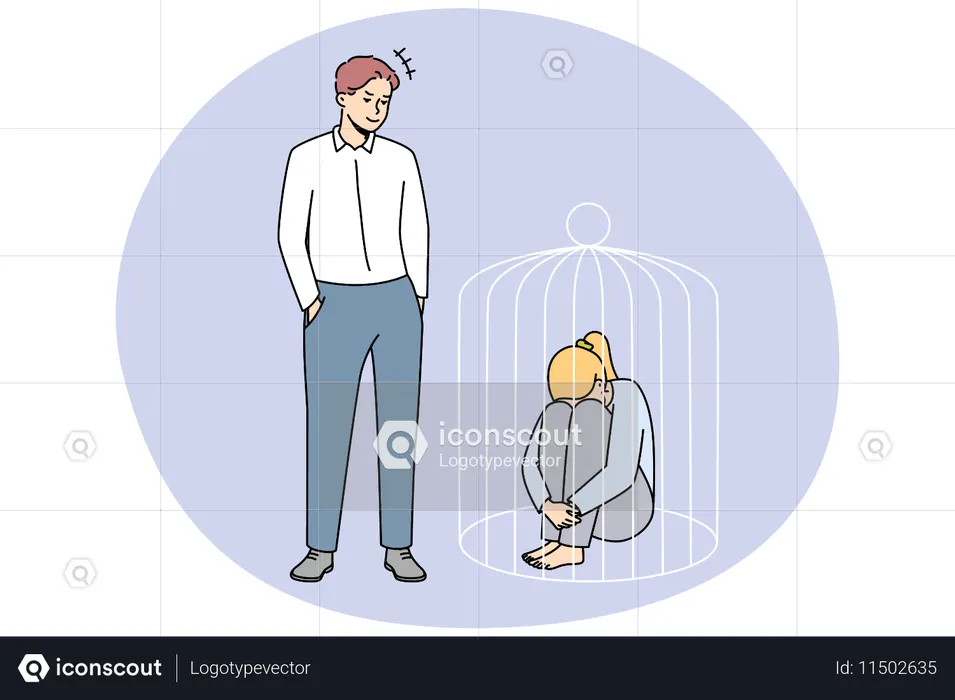 Authoritarian man lock woman in cage  Illustration