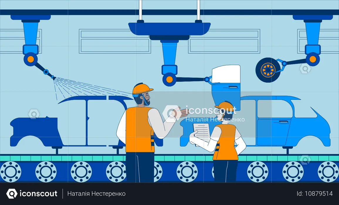 自動車工場の労働者が自動車の組み立てを監督している  イラスト