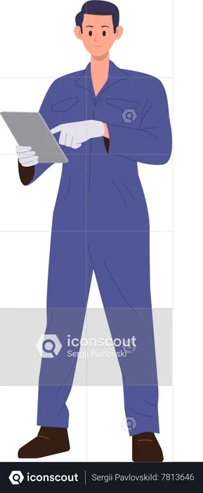 Auto mechanic holding mobile tablet using maintenance digital app for diagnostics  Illustration