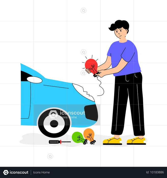 Auto mechanic repairing car headlight  Illustration