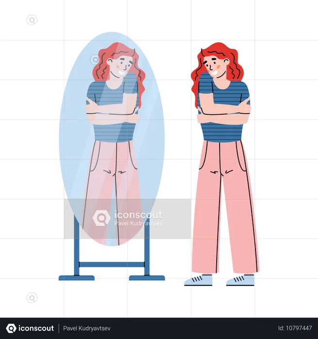 Autoaceptación positiva de una mujer joven que se admira el reflejo en el espejo  Ilustración