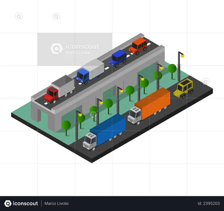 Autobahn und über Brücke  Illustration