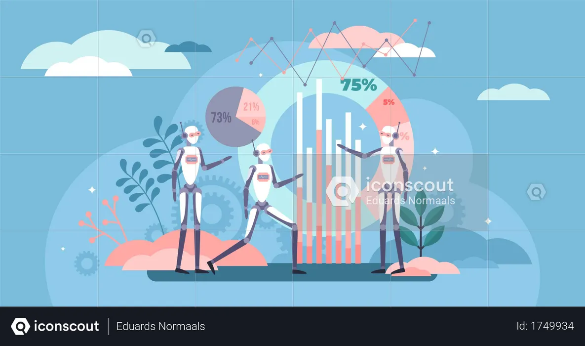 Automated analytic process, bots studying business information data to make new solution project or knowledge report  Illustration