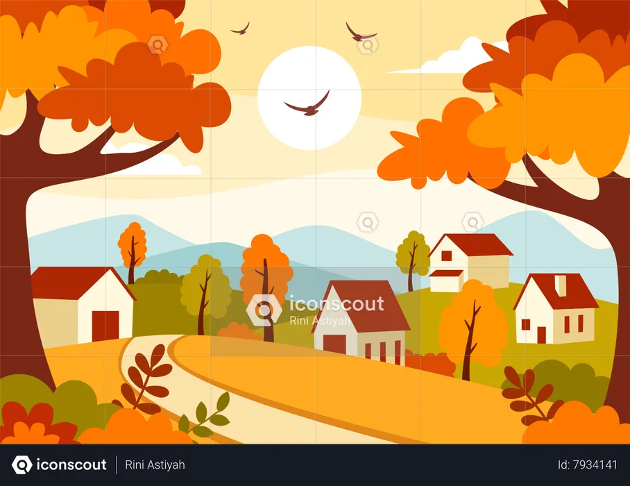 Autumn village with fall leaves  Illustration