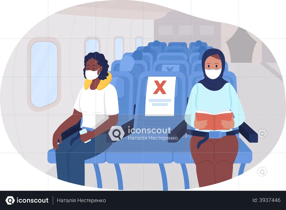 Distanciamiento social seguro en avión  Ilustración