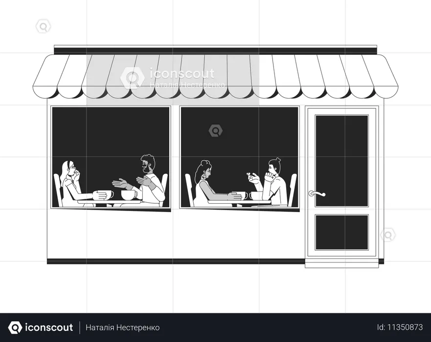 Awning cafe exterior showing customers sitting at tables inside  Illustration