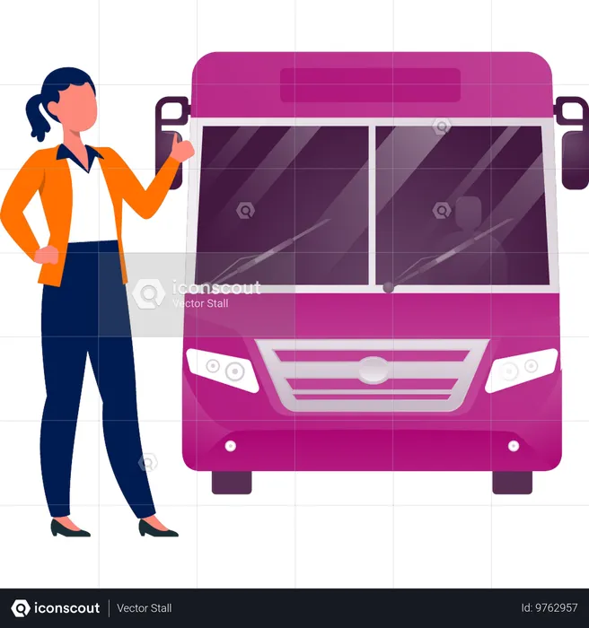 Azafata de pie con el autobús  Ilustración