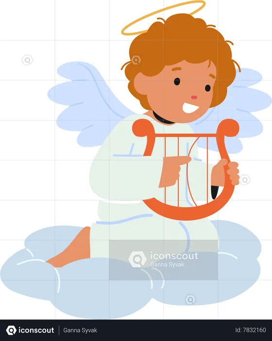 Baby Angel With Harp  Illustration