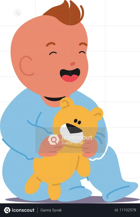 Baby Boy Sitting with Teddy Bear  Illustration