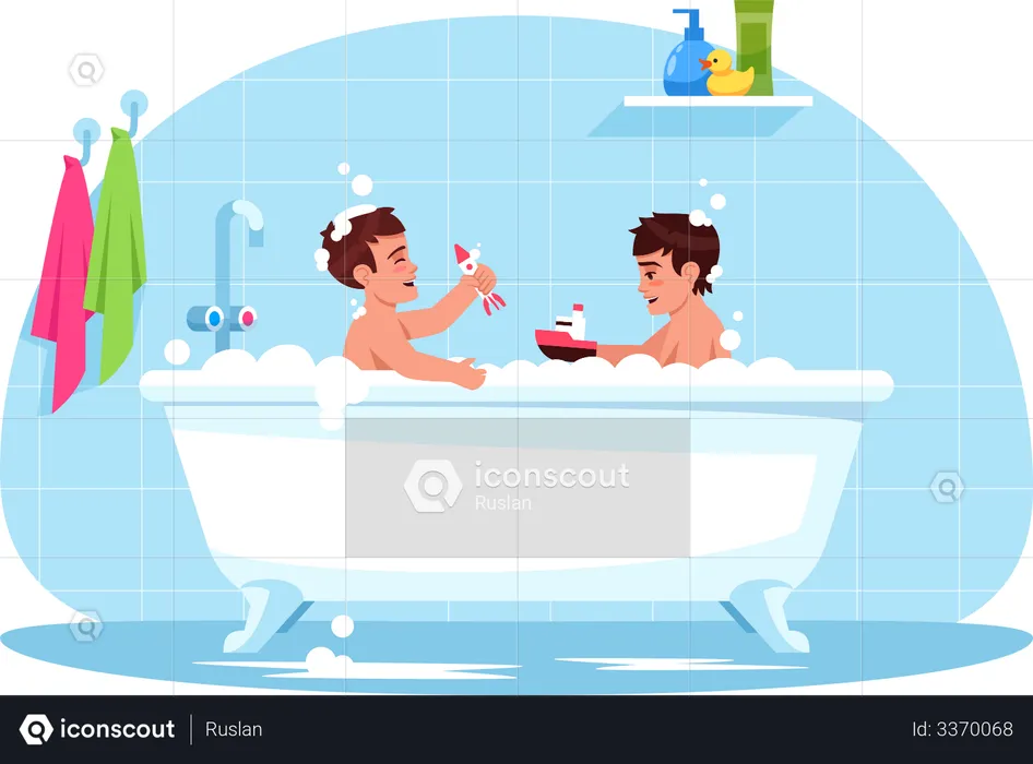 Baby boys play in bathtub  Illustration