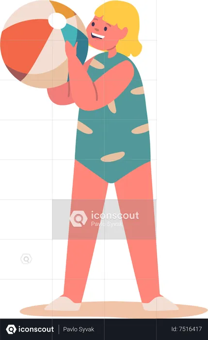 Baby Girl Playing With Ball On Sandy Beach  Illustration