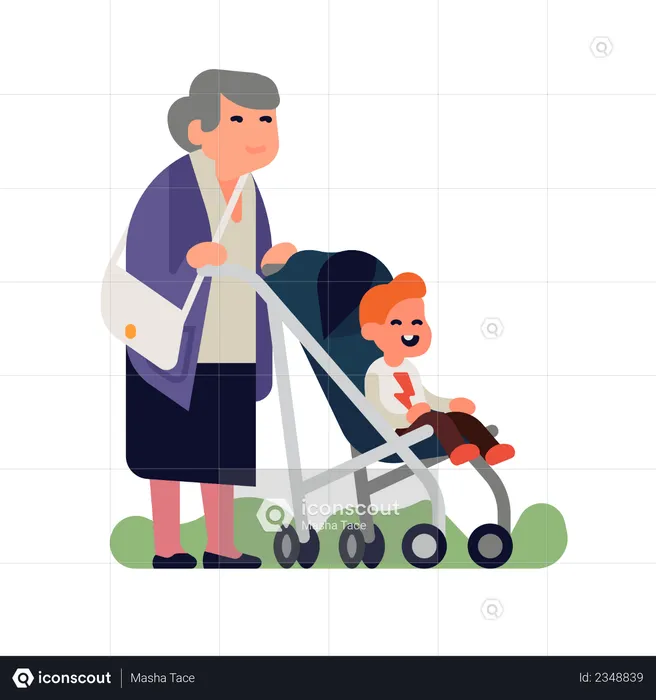 Baby grand kid with grandma are out for a walk  Illustration