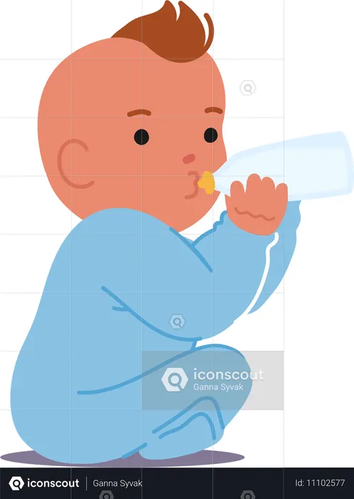 Baby Boy sitzt und trinkt Milch aus der Flasche  Illustration