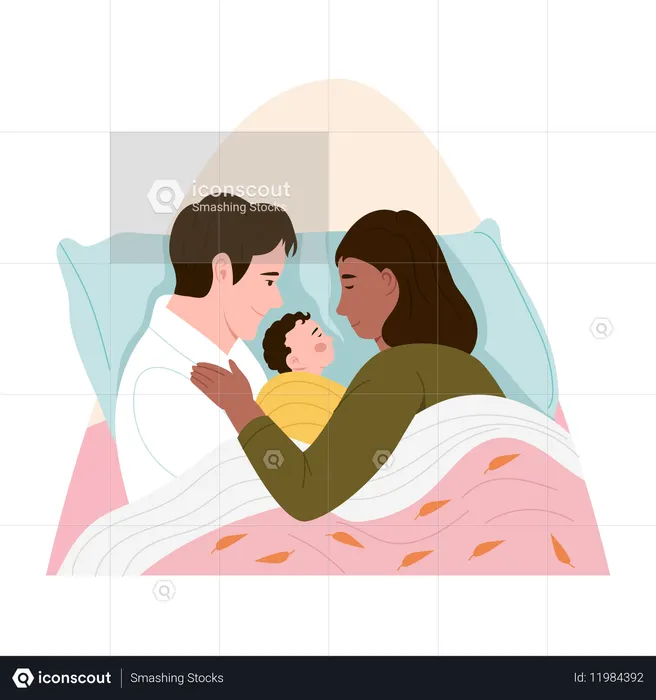Baby kuschelt mit den Eltern  Illustration