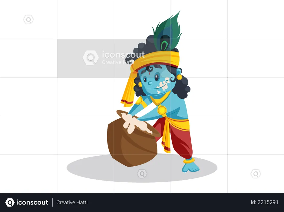 Baby Lord Krishna Eating Butter From Pot  Illustration