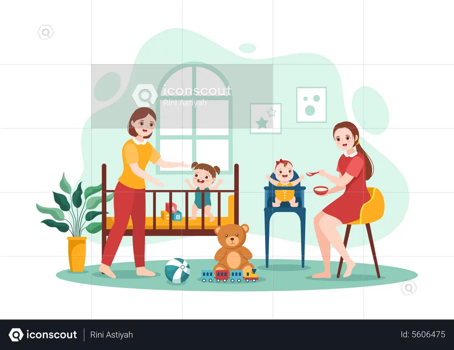 Baby-sitter s'occupant des enfants  Illustration