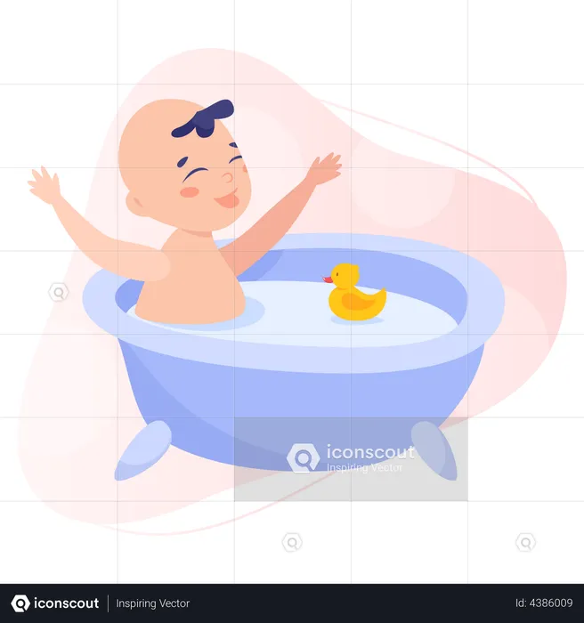 Baby taking bath with little duck toy  Illustration