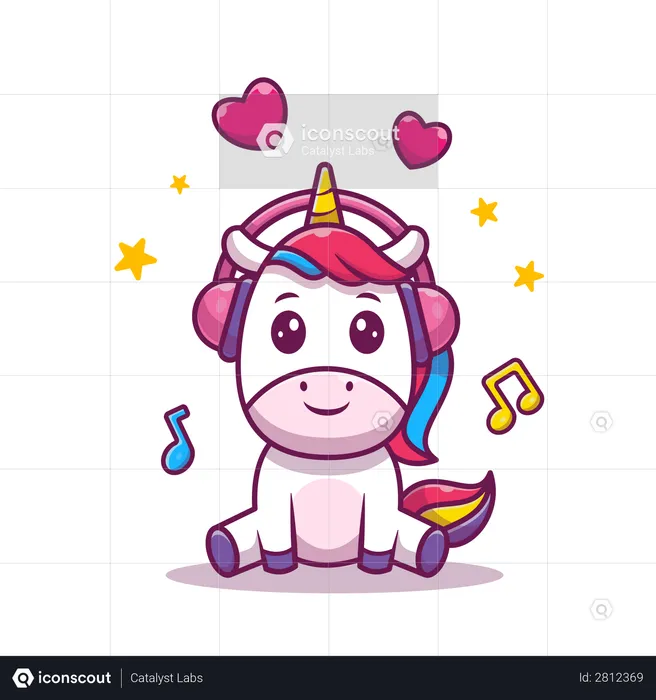 Baby Unicorn listening music on headphone  Illustration