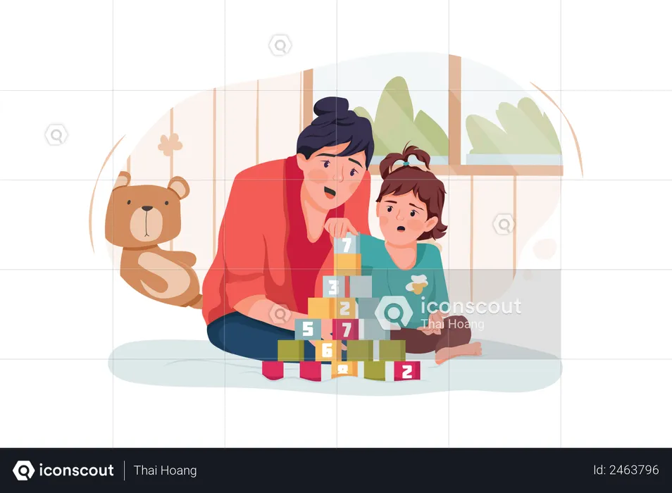 Babysitter or mother and baby girl playing with toy cubes at home  Illustration