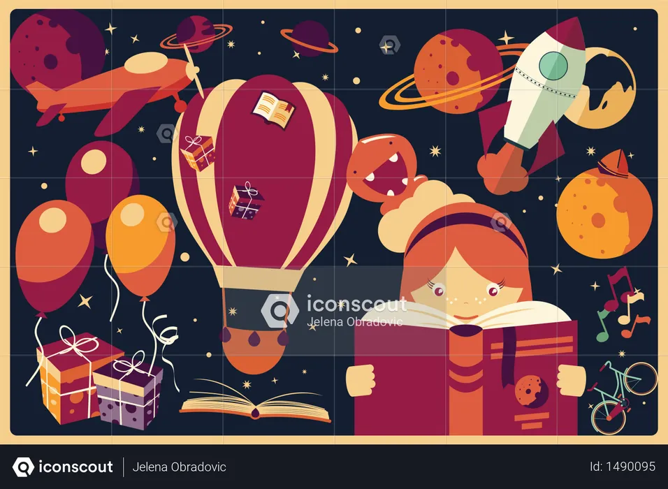 Background with imagination items and a girl reading a book, balloons, rocket ship, space, planets  Illustration