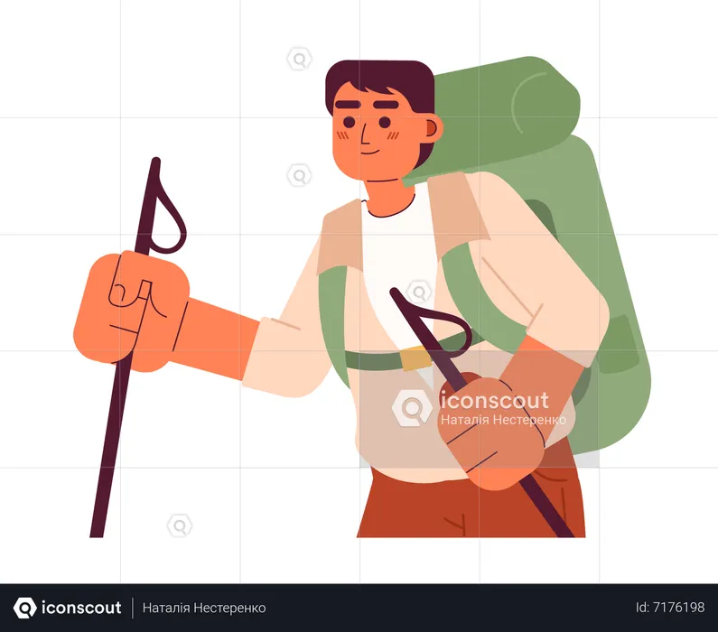 Backpacker trekker with walking poles  Illustration