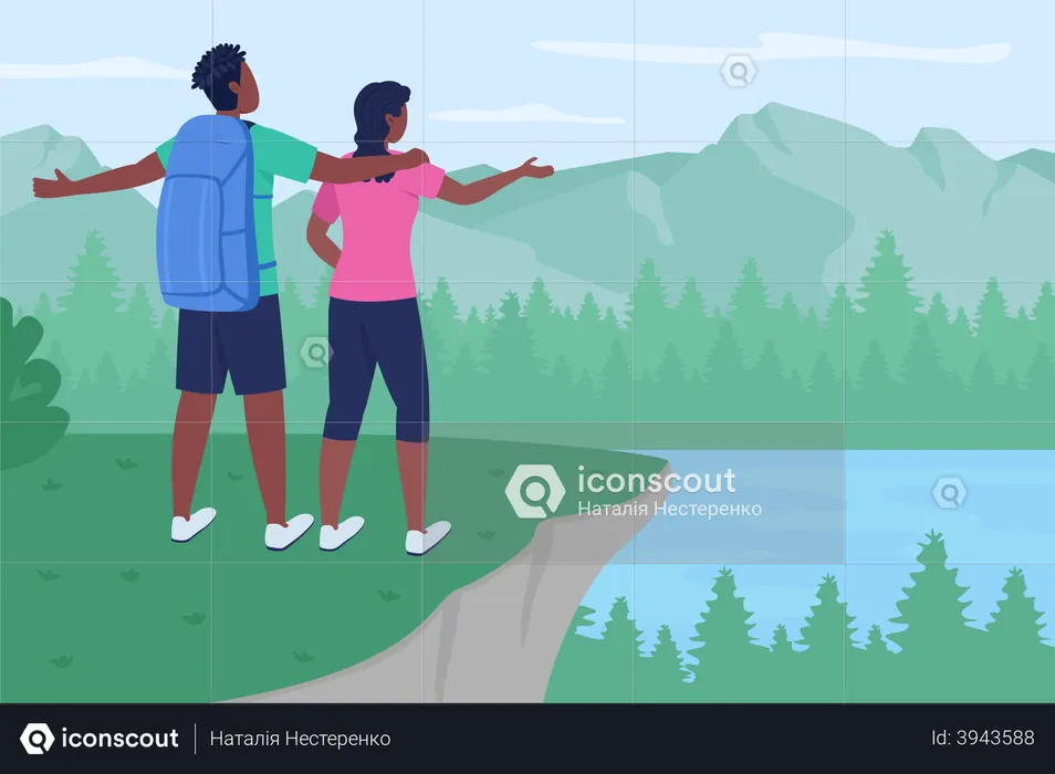 Backpackers on mountain peak  Illustration