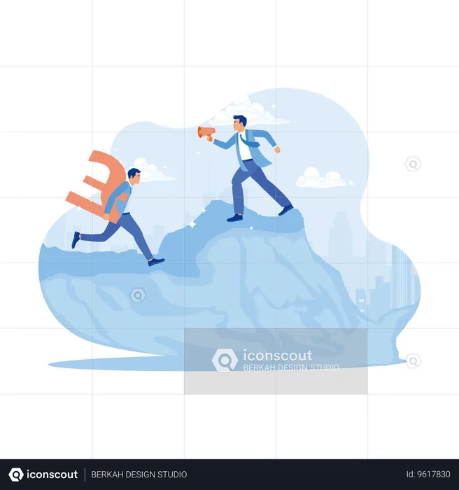 Bad Boss With Megaphone Speak To Employee Carrying Golden Euro Symbol To Climb To Top Of Mountain. Finance Control Scenes Concept. Trend Modern Vector Flat Illustration  Illustration