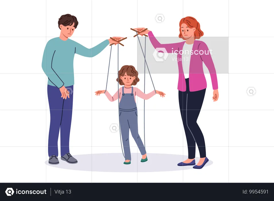 Bad parents manipulate child using strings of puppeteers to raise unhappy daughter  Illustration