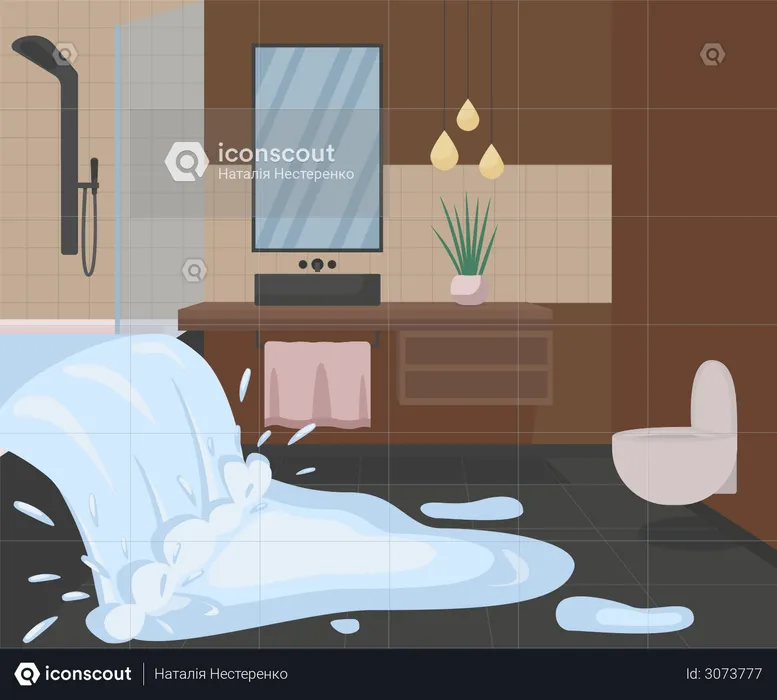 Badezimmer mit Wasser überflutet  Illustration