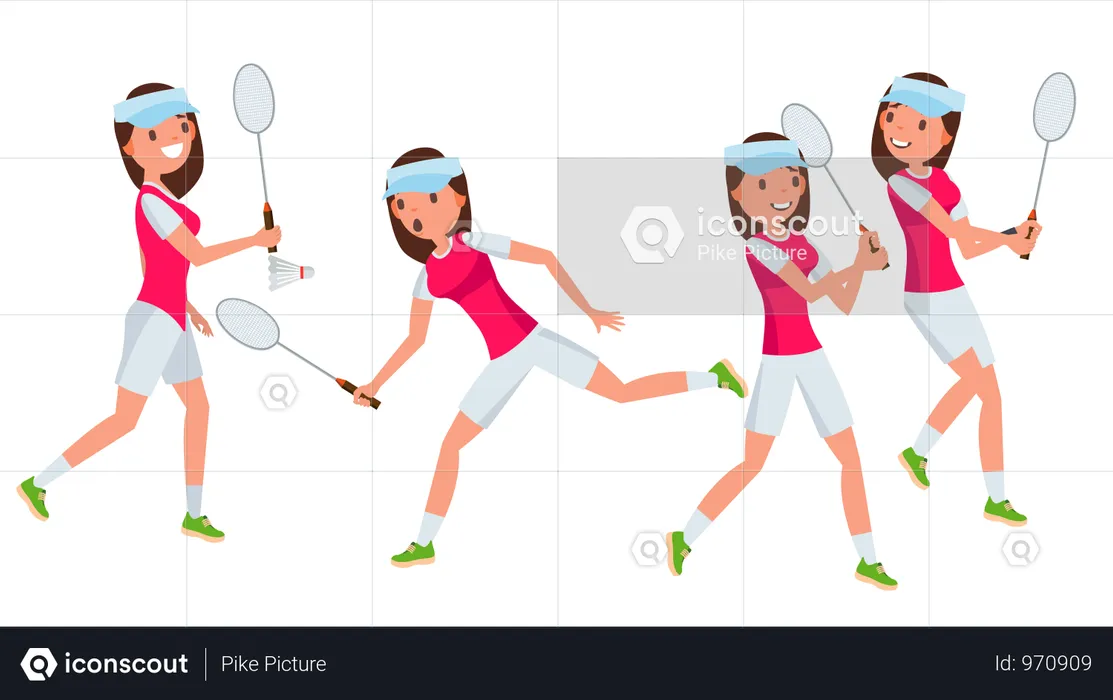 Badminton Female Player Vector. Playing In Different Poses. Woman. Athlete Isolated On White Cartoon Character Illustration  Illustration