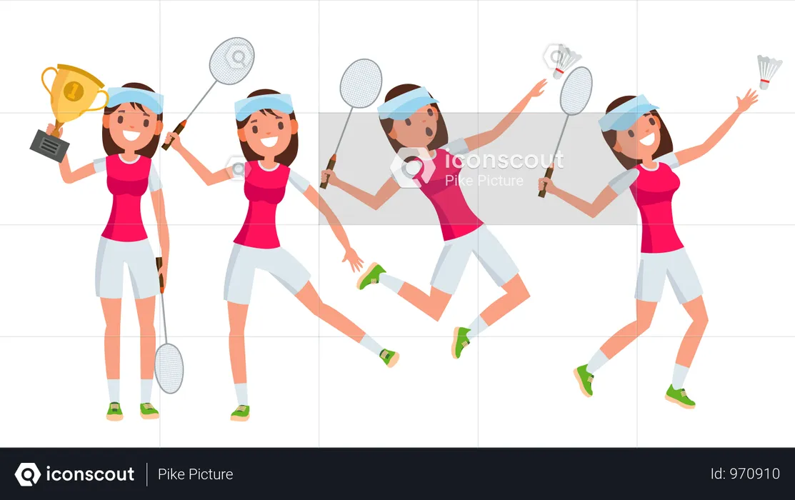 Badminton Young Woman Player Vector. Girl Athlete Player. Jumping, Practicing. Flat Cartoon Illustration  Illustration