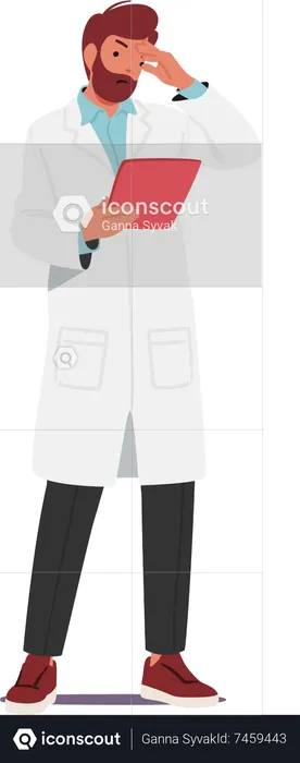 Baffled Male Doctor Staring At Clipboard with Document  Illustration