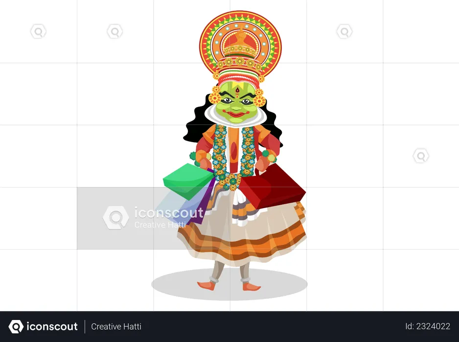 Bailarina Kathakali sosteniendo bolsas de compras  Ilustración